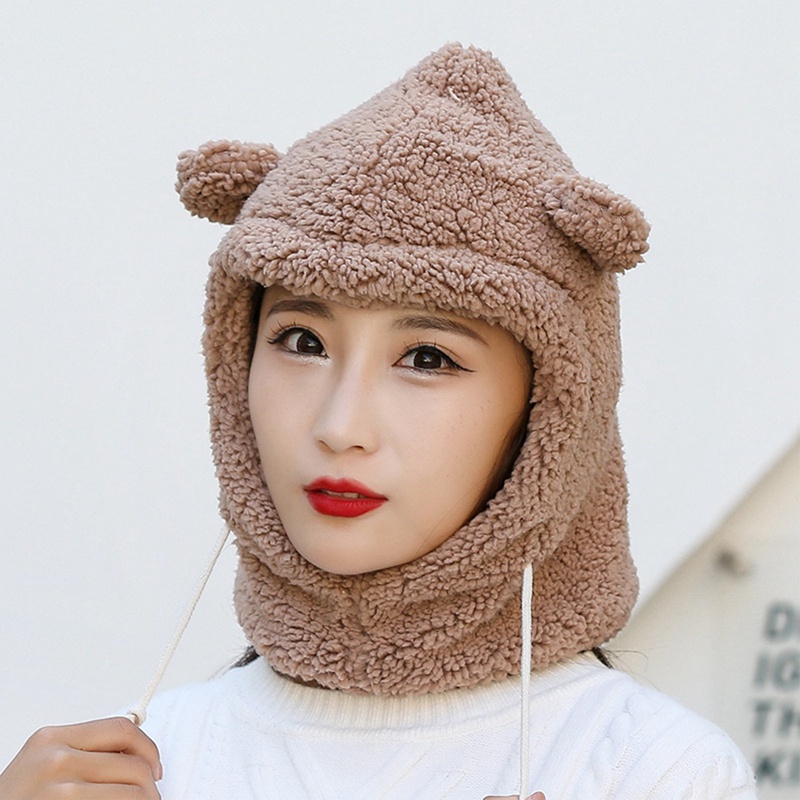 Set Mũ beanie Kèm Khăn Choàng Cổ Đính Tai Gấu Bông Dễ Thương Cho Nữ