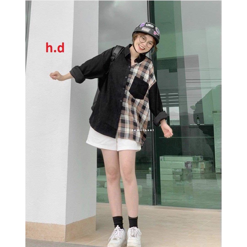 Áo Sơ Mi Nữ Form Rộng Phối Màu Kẻ siêu hottren tend