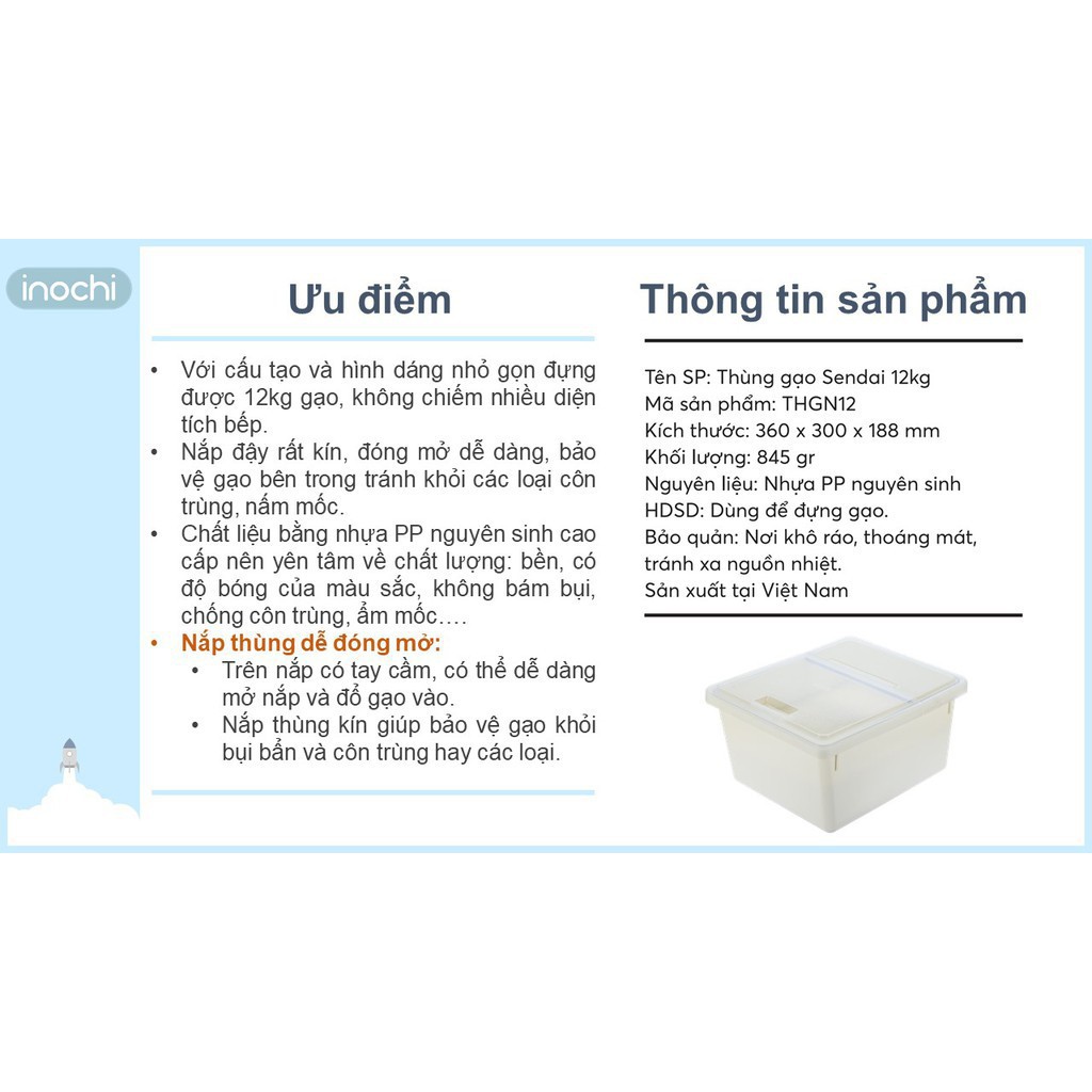 Thùng Đựng Gạo -thông minh Cao Cấp INOCHI Sendai 12 KG Nắp Nhựa Kháng Khuẩn Chống Ẩm cao cấp tiêu chuẩn nhật THGN12 | BigBuy360 - bigbuy360.vn