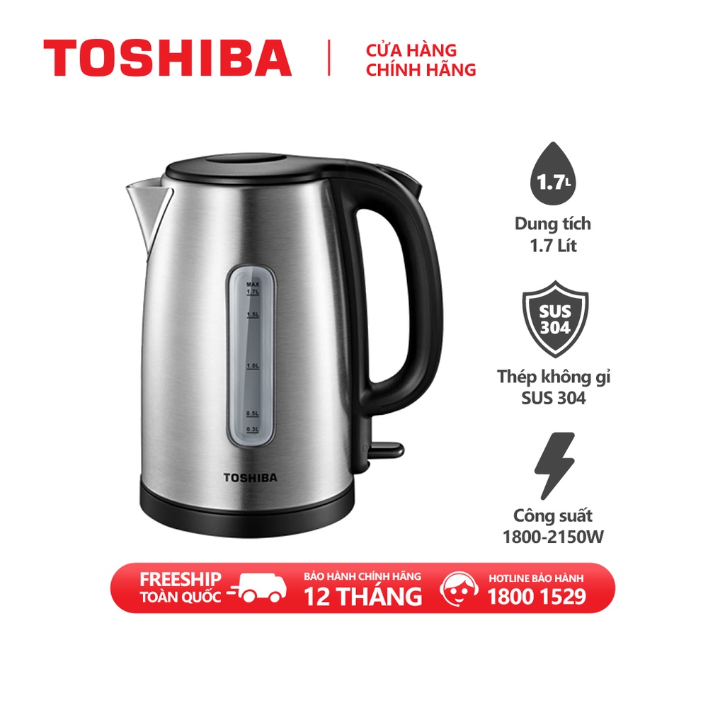 Bình đun siêu tốc Toshiba KT-17SH1NV - 1.7L - Inox 304 - Hàng chính hãng, bảo hành 12 tháng, chất lượng Nhật Bản