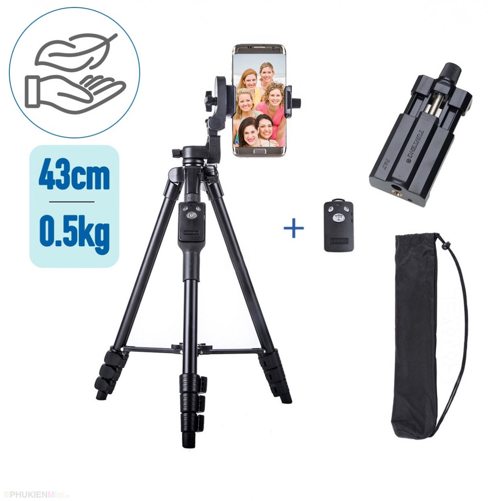 Trọn bộ tripod giá đỡ 3 chân gấp gọn du lịch, chân hợp kim siêu nhẹ kèm kẹp điện thoại vặn đinh ốc và remote bluetooth