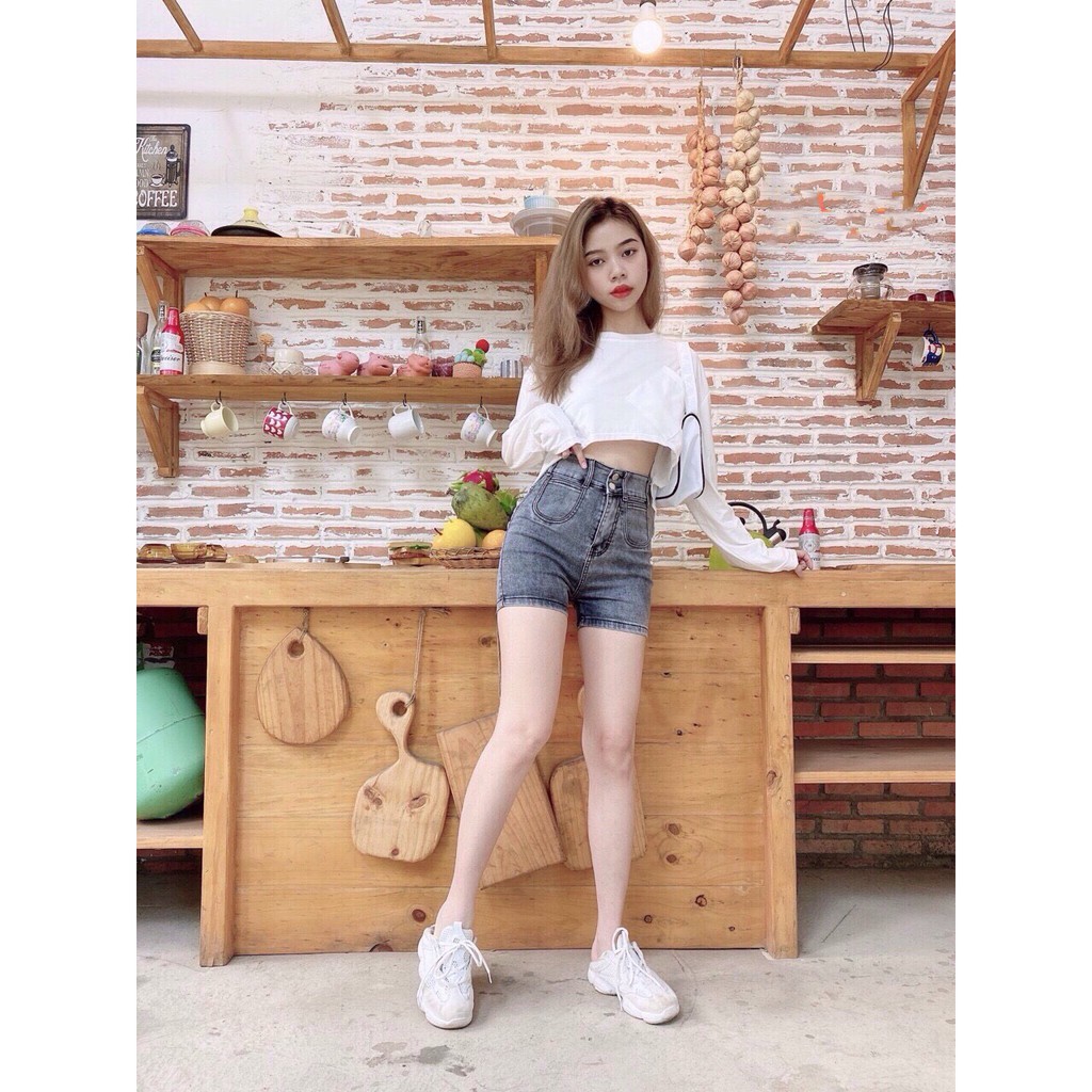 Quần short jean nữ Big Size lưng cao trên rốn, co dãn mạnh, lưng 2 nút phom rộng rãi dành cho người béo 60kg~90kg 3516
