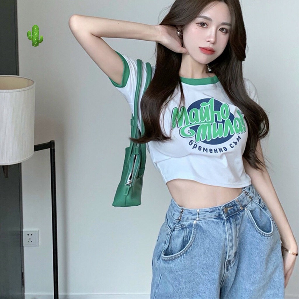 Áo thun tay ngắn croptop cổ tròn họa tiết màu xanh pc