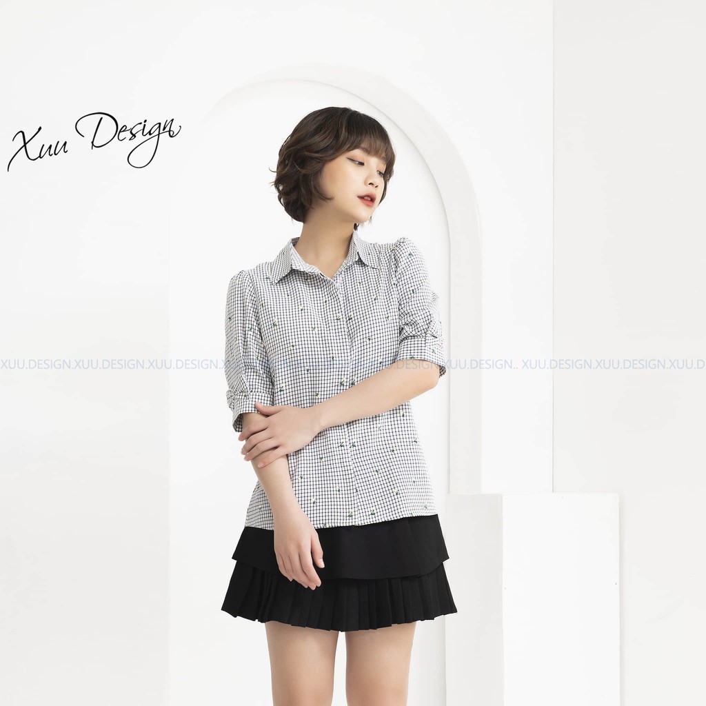 Áo sơ mi nữ công sở Xuu, thiết kế cộc tay caro đen chấm bi phối nơ BS07