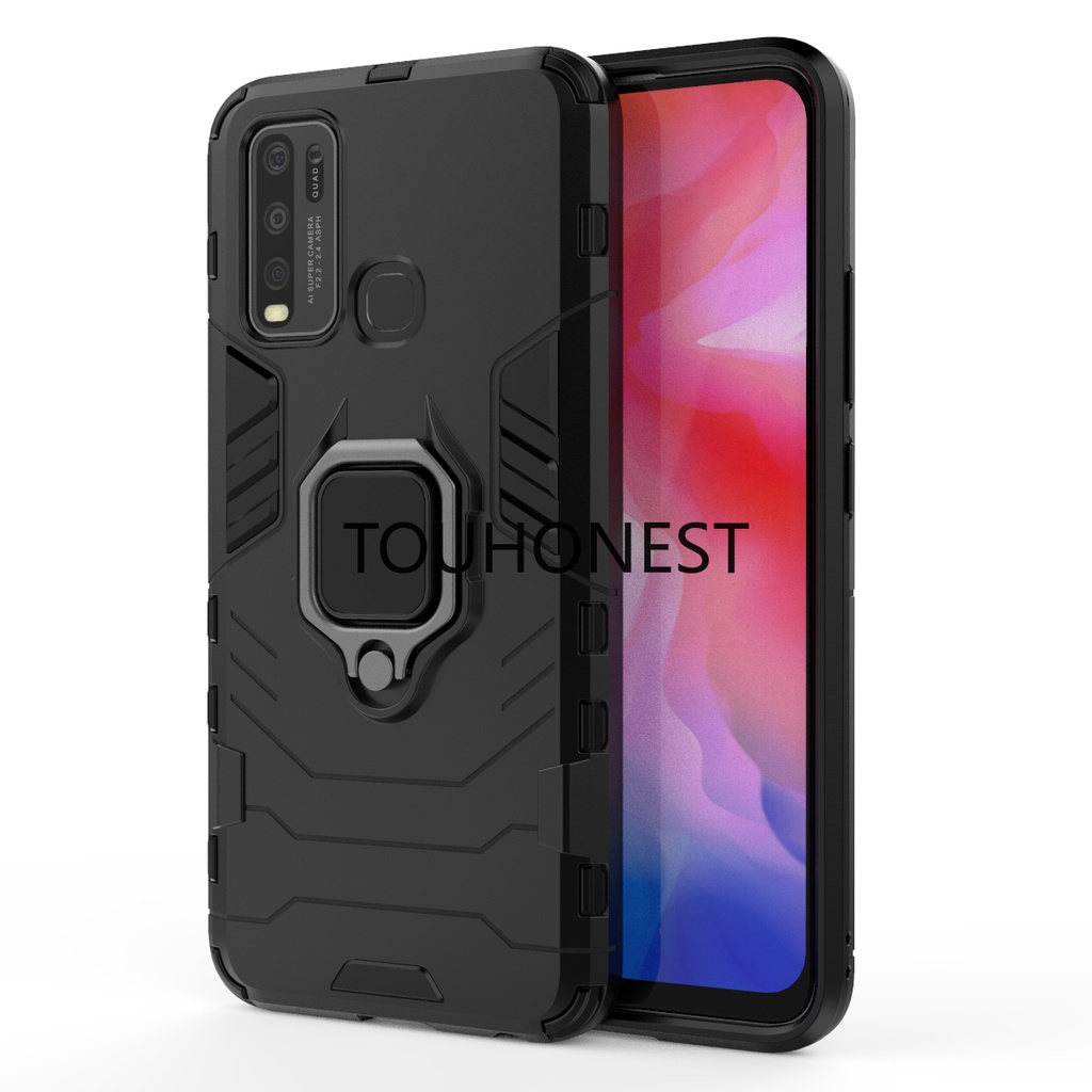 Ốp Điện Thoại PC Cứng Chống Sốc Kèm Móc Xỏ Ngón Kim Loại Cho Casing Vivo Y50 Case Vivo Y30 Cassing Vivo Y30i Cover Vivo Y32 Y33S Y33T Case Armor PC Shockproof Hard Cases With Metal Ring Stand Phone Case