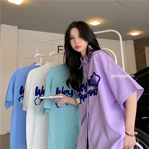 Ethelgirl Áo Sơ Mi Cổ Vuông Tay Ngắn Dáng Rộng In Chữ 4 Màu Thời Trang Hàn Quốc Cho Nữ