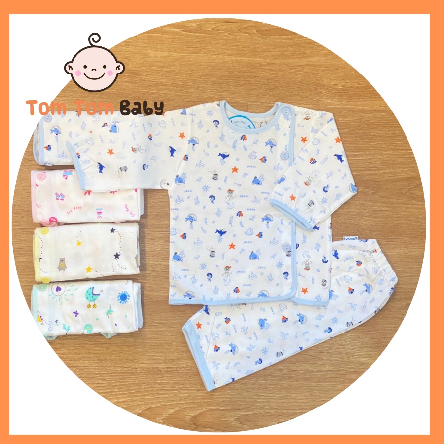 Combo 3 bộ quần áo sơ sinh tay dài cài xéo họa tiết JOU| Size 1,2,3 cho bé sơ sinh -9kg