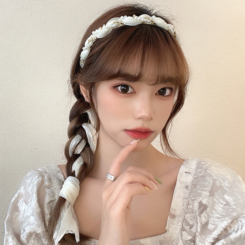 Băng Đô Buộc Tóc Bằng Lụa Đính Ngọc Trai Nhân Tạo Cho Nữ