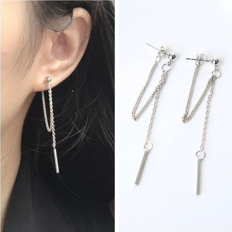Đôi bông tai xỏ phối dây xích tua rua dài hình học bằng kim loại phong cách punk đường phố Hàn Quốc tối giản cho nữ