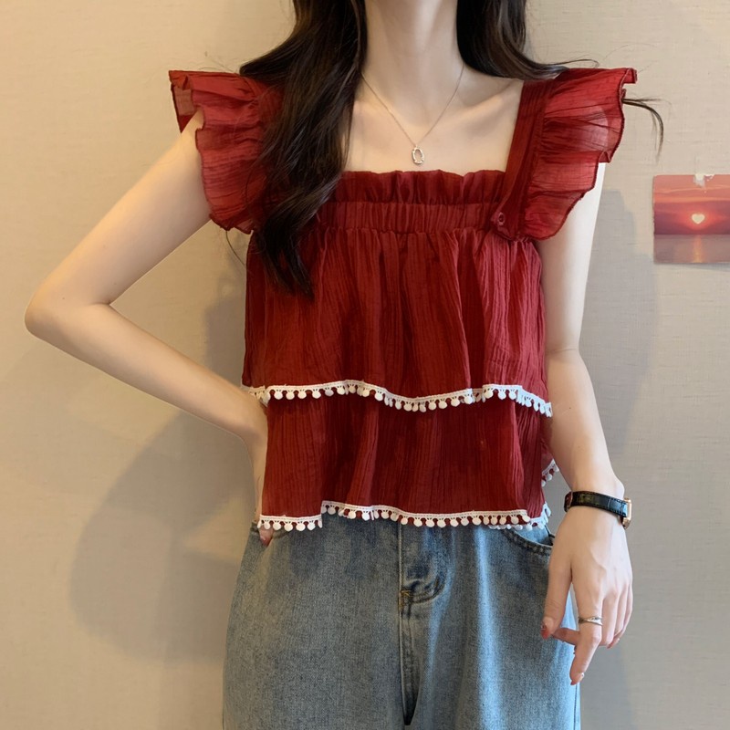 Chiffon Halter Off Shoulder O-neck Tank Tops Sleeveless T-shirt Áo Sơ Mi Tay Ngắn Cổ Vuông Phong Cách Pháp Thời Trang Mùa Hè Xinh Xắn Cho Nữ shoulder strap Vest