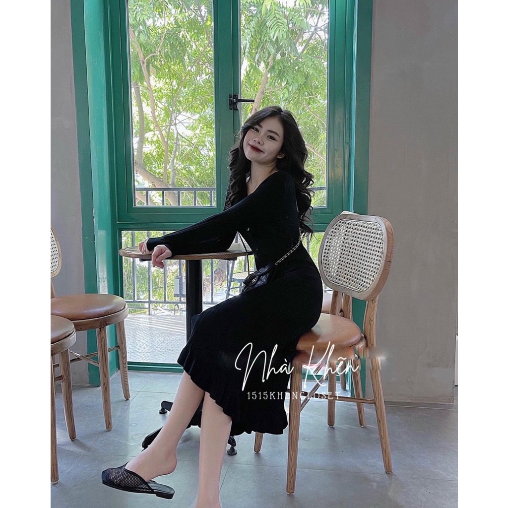 Đầm len khuy chân bèo 3 màu đen,nâu, trắng