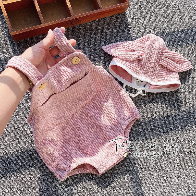 Set body yếm nhung kèm áo bèo trắng và mũ tai thỏ cho bé gái 3-24M