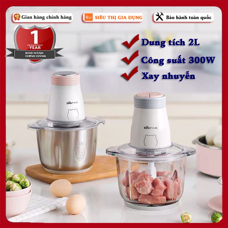 Máy xay thịt, xay rau củ quả Bear, dung tích 2L cối thuỷ tinh cao cấp chính hãng - Bảo hành 1 năm