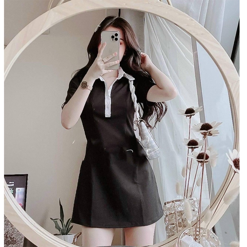 Váy body ôm vải thun đầm nữ cổ polo phong cách thanh lịch thời trang công sở