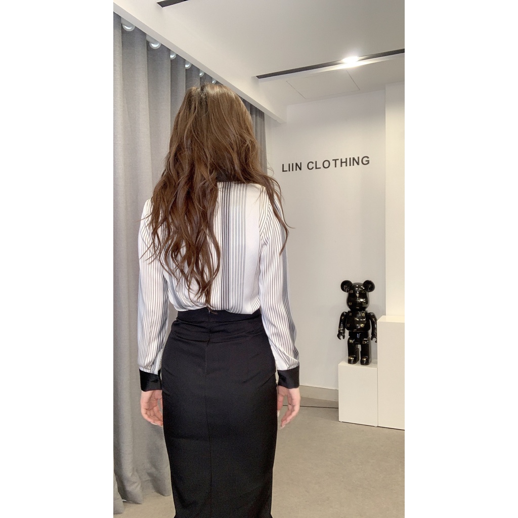 Chân váy công sở chất vải mango màu đen thiết kế xẻ trước trẻ trung, mặc tôn dáng Liin Clothing J4388