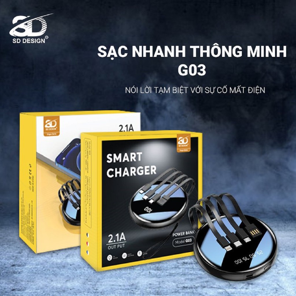 Sạc Dự Phòng Mini Chính Hãng G03 Cho iPhone Samsung Xiaomi Oppo Huawei Tích Hợp 4 Cáp Sạc+Màn Led Pin 6000mAh