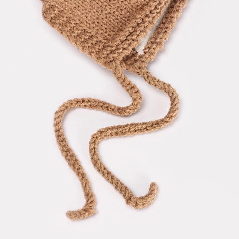 Mũ len lót lông xuất dư có dây buộc cho bé 0-24m