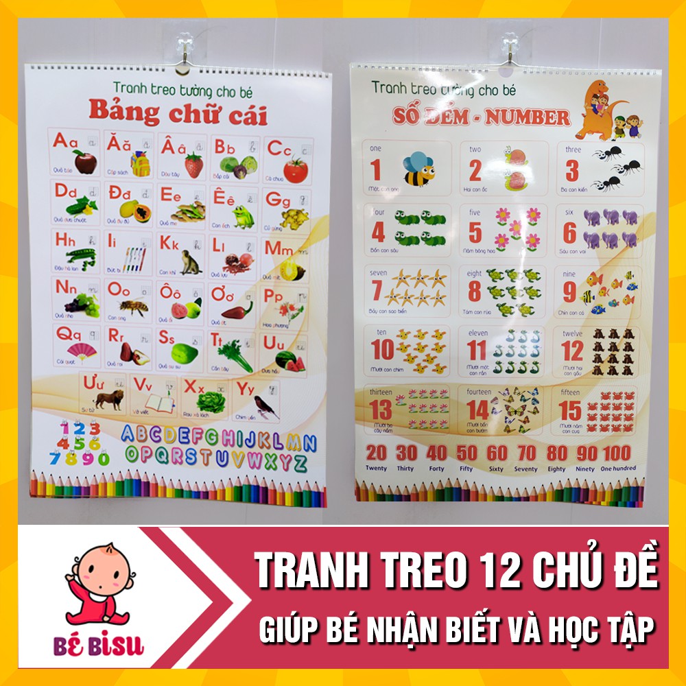 [Mã LIFETOYS1 giảm 30K đơn 99K] Bộ tranh treo tường học tập 12 chủ đề song ngữ cho bé