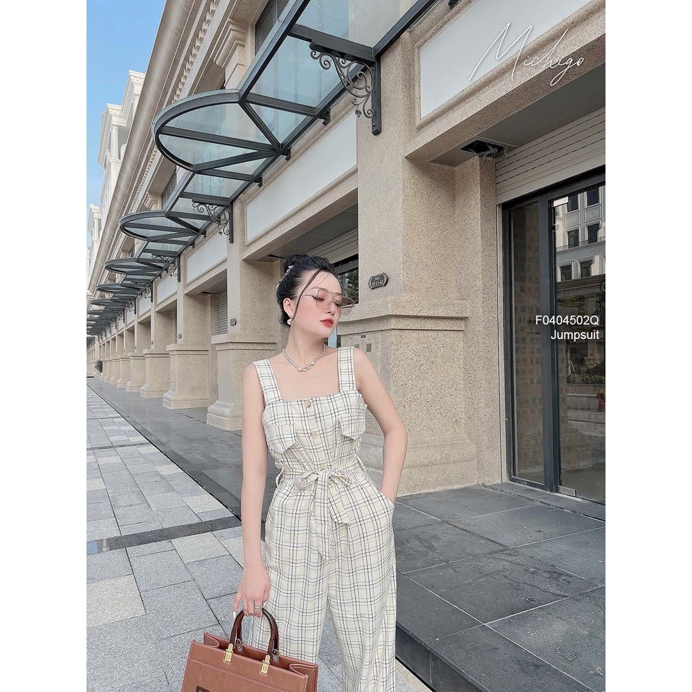 Jumpsuit kẻ caro dài ống suông thắt nơ eo 2 dây!