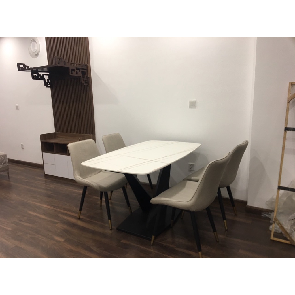 Bộ bàn ăn chân chân thép sơn tĩnh điện mặt đá Ceramic chân X kết hợp ghế loft