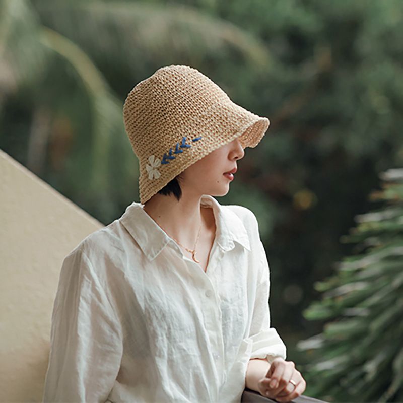 Mũ Đi Biển Cói Mềm Sợi Móc Hoa Trắng