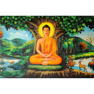 Tranh dán tường 3D phật thích ca ngồi dưới cây bồ đề - vải lụa kim tuyến