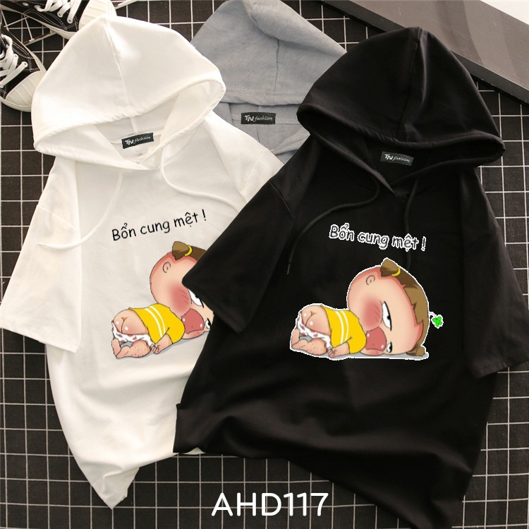 AHD117 Áo thun teen nam nữ HOODIE TAY LỠ CÓ NÓN hình quỳnh Aka bổn cung mệt