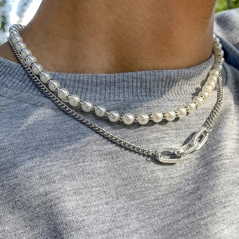 Vòng cổ Hai Lớp Đính Ngọc Trai Giả Sáng Tạo Thời Trang Unisex