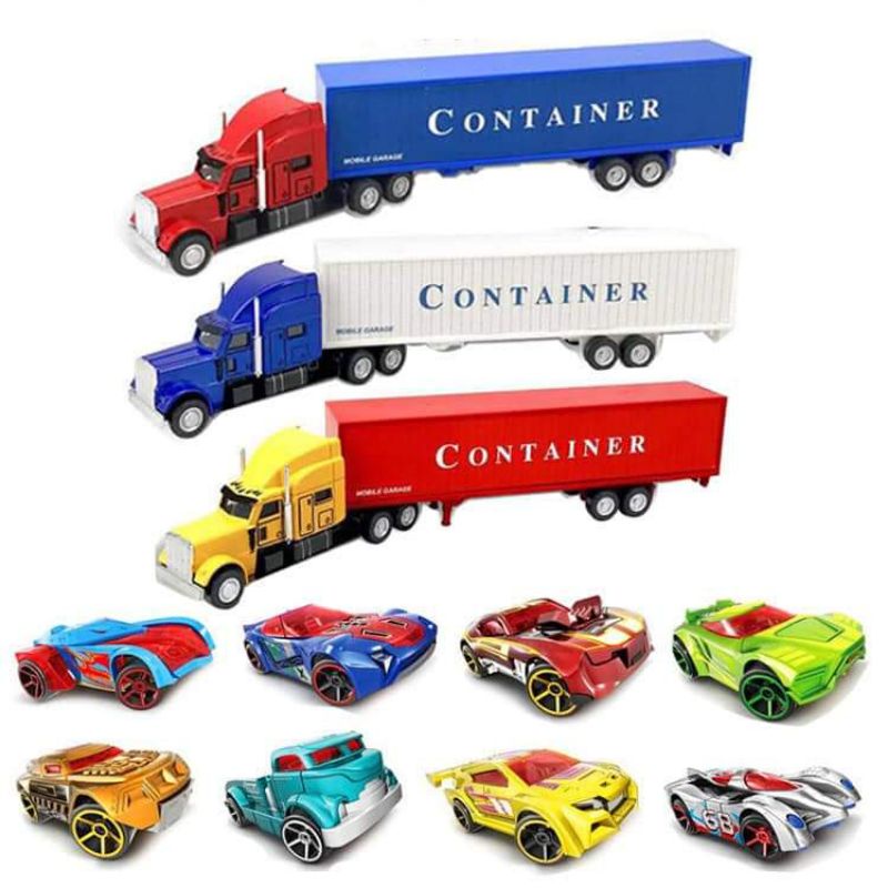 Hộp xe container đầu kim loại kèm 8 xe con