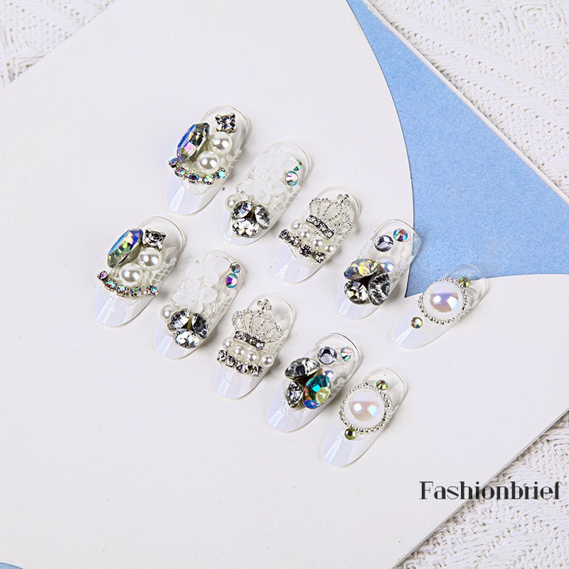 [Hàng mới về] Bộ móng tay giả đính đá ngọc trai hình vương miện 3D sang trọng thích hợp cho cô dâu
