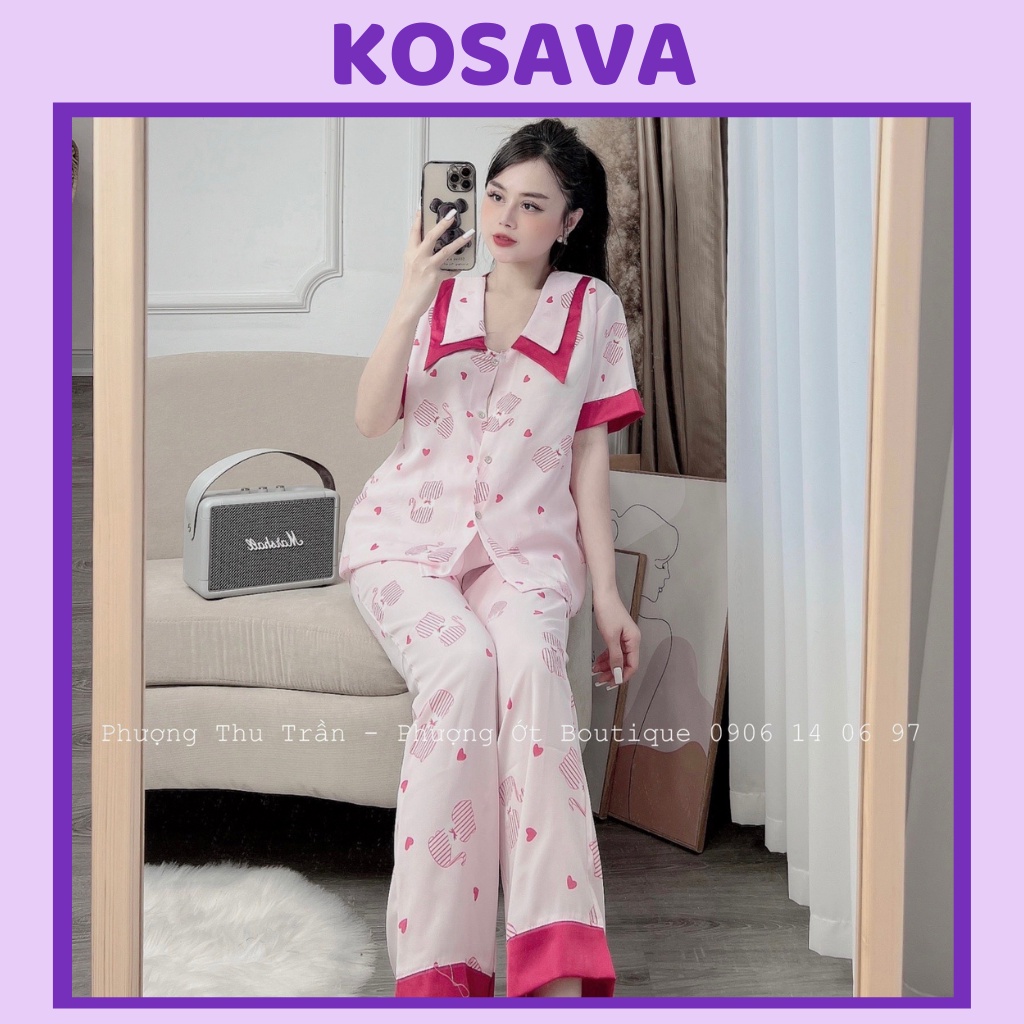 Đồ bộ nữ pijama mặc nhà cổ nhọn tay ngắn dễ thương chất liệu satin cao cấp KOSAVA