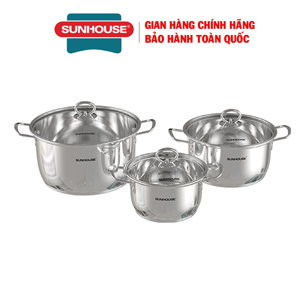 Bộ nồi inox 5 đáy Sunhouse SHG788, Bộ 3 nồi, vung kính sang trọng