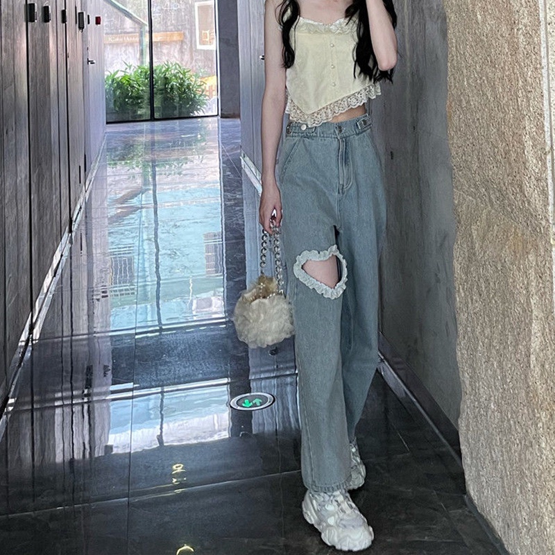 IELGY Quần jeans Rách Lưng Cao Ống Rộng Thời Trang Mùa Hè Cho Nữ