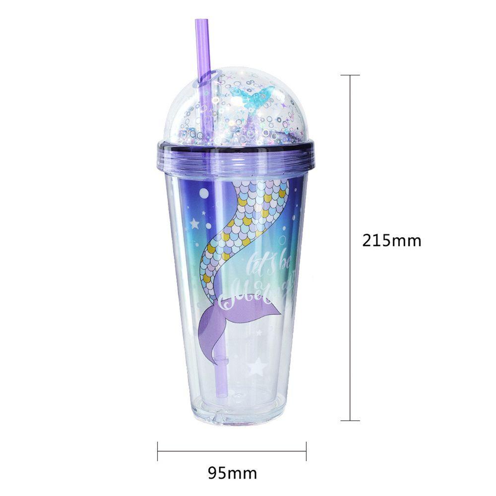 Bình Nước Hai Lớp 420ml Kèm Ống Hút Họa Tiết Nàng Tiên Cá
