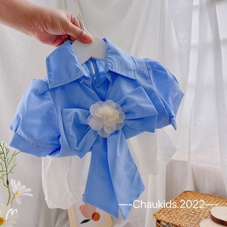 Set áo xanh hoa trắng chaukids cho bé gái
