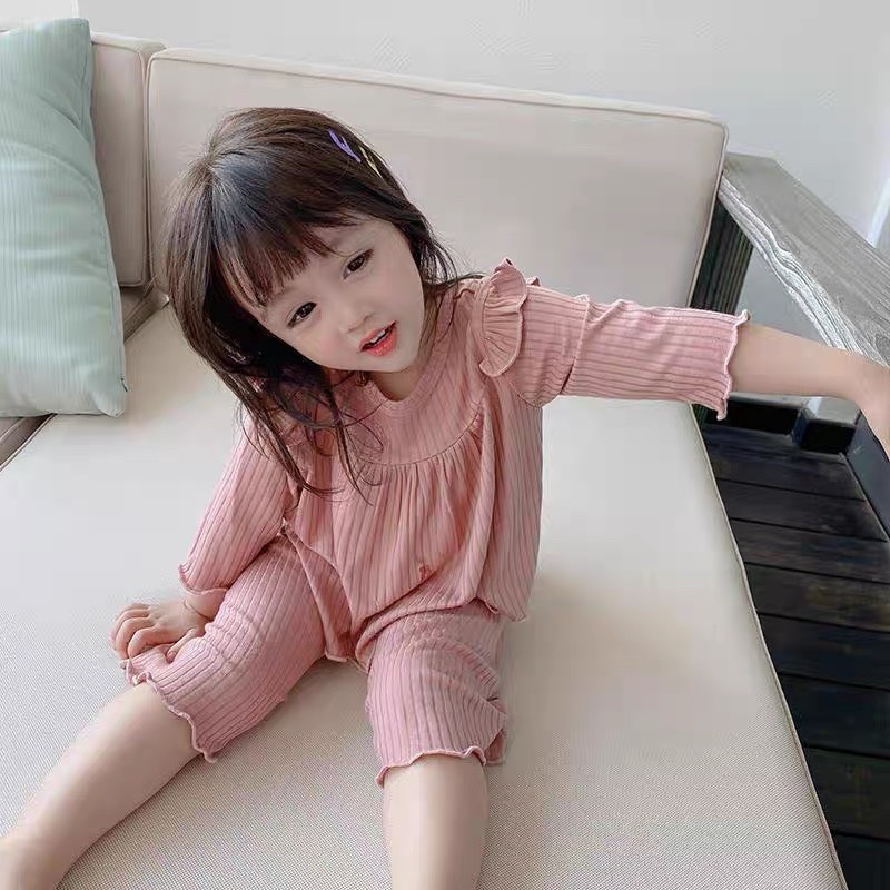 Bộ dài tay cho bé, đồ bộ bé gái chất gân lạnh siêu mềm mại, kiểu dáng đáng yêu Xu Xu Kids size từ 8 đến 22kg