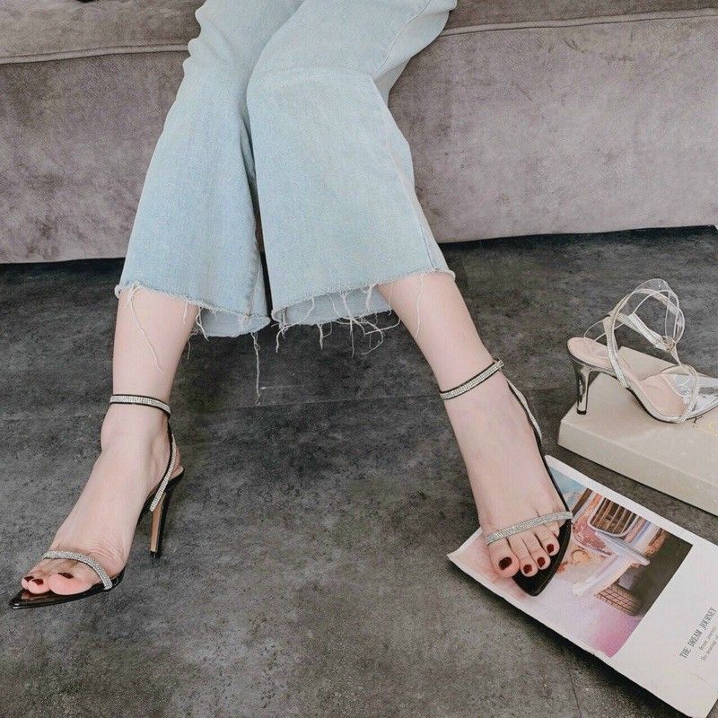 Giày Cao Gót 9 Phân - Sandal Quai Mảnh Đính Đá - Cao Gót Mũi Nhọn Đế Vuông Kim Tuyến - Ân Hoa Shoes Shop