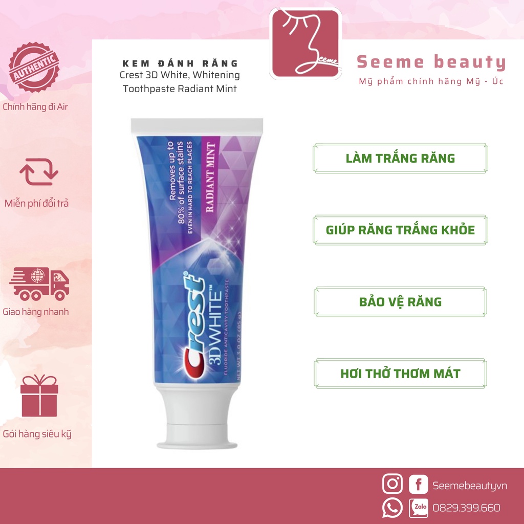 [HÀNG MỸ, DATE 2023] Kem Đánh Răng Crest 3D White Radiant Mint / Ârctic Fresh / Fresh Mint [Seeme beauty]-BF-010