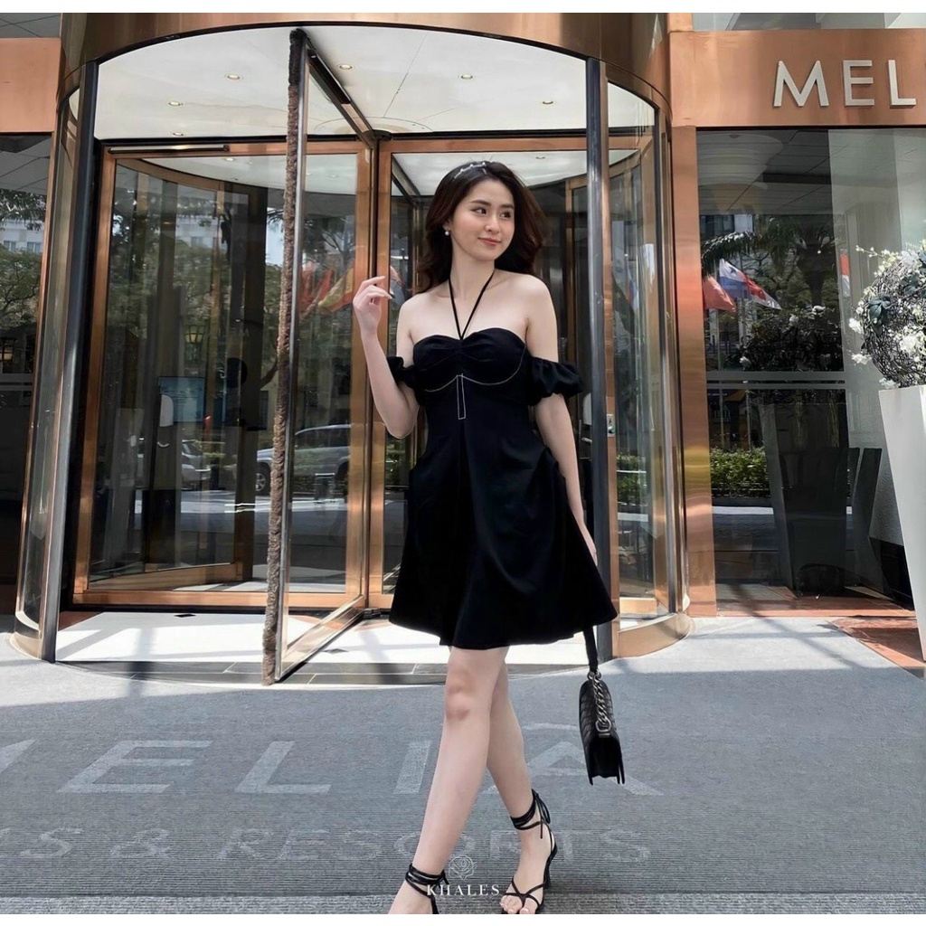 Đầm nữ thời trang mặc đi chơi, Đầm bánh bèo đũi trơn trễ vai thắt dây cổ có mút phong cách Hàn Quốc