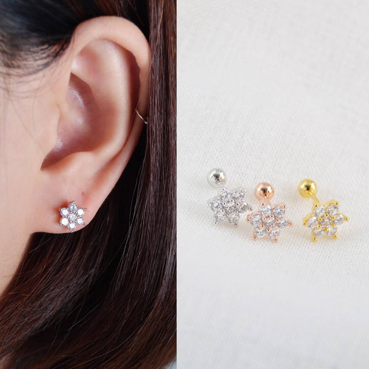 Khuyên titan đính kim lục cánh hoa tuyết FSize xinh xắn