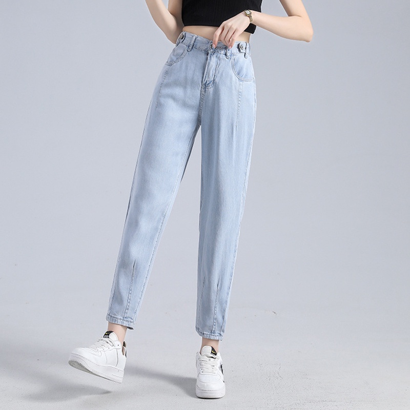 Quần jean IELGY dài mỏng dáng rộng lưng thun co giãn màu xanh dương cho nữ