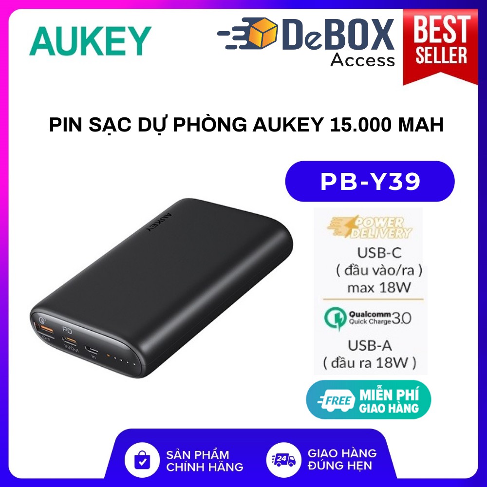 Pin Sạc dự phòng AUKEY PB-Y39 15000 mAh Lõi Pin Tesla, Sạc Nhanh Q.C 3.0 PD 18W - BH 24 tháng Chính hãng