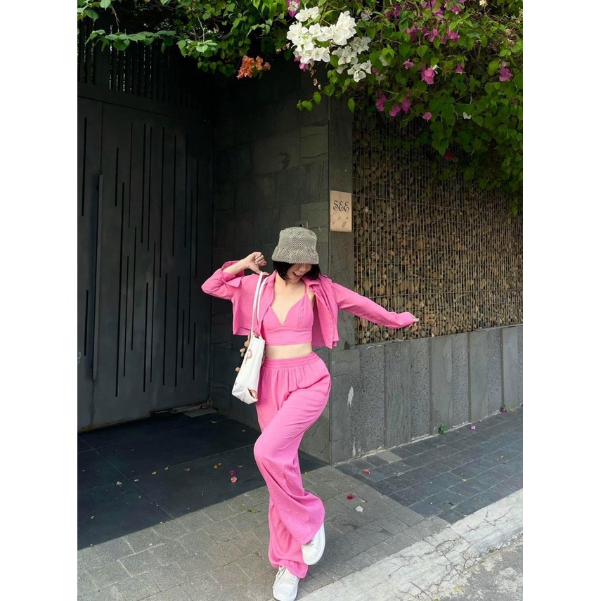 Set 3 Món Đũi Quần Suông Phối Áo 2 Dây Ngắn Kèm Áo Sơ Mi Kiểu Croptop Tay Dài