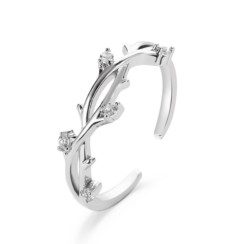 Nhẫn hở đeo hớp ngón tay hình lá hoa đính đá có thể tùy chỉnh kích cỡ cho phái đẹp đeo hàng ngày