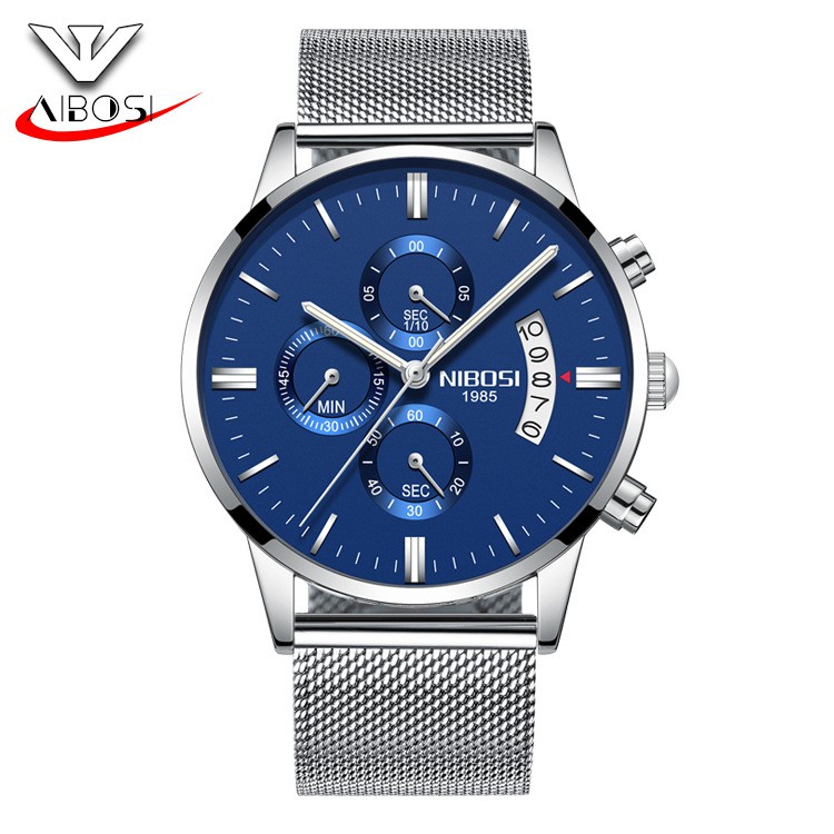 Đồng hồ nam NIBOSI 1985M dây thép lưới cao cấp size 43mm chạy 6 kim | BigBuy360 - bigbuy360.vn