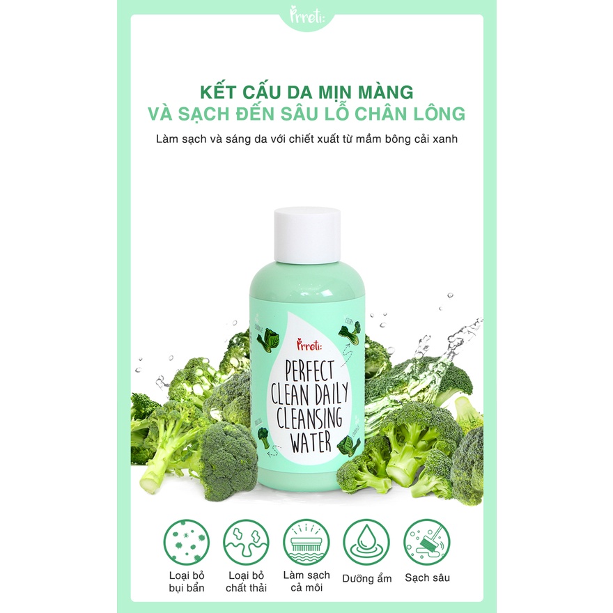 Nước tẩy trang thiên nhiên Prreti từ rau củ quả làm sạch sâu dưỡng ẩm dịu mát cho da mụn da nhạy cảm 250ml