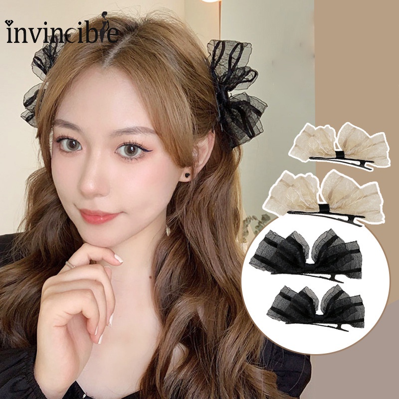 Set 1 Cặp Kẹp Tóc Hình Nơ Bằng Lưới Chiffon Phối Ren Phong Cách Cổ Điển Thời Trang Cho Nữ