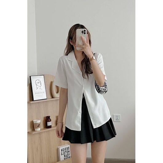 Áo sơmi cổ vest cộc tay chất lụa trượt/Áo sơmi cổ vest style Ulzzang