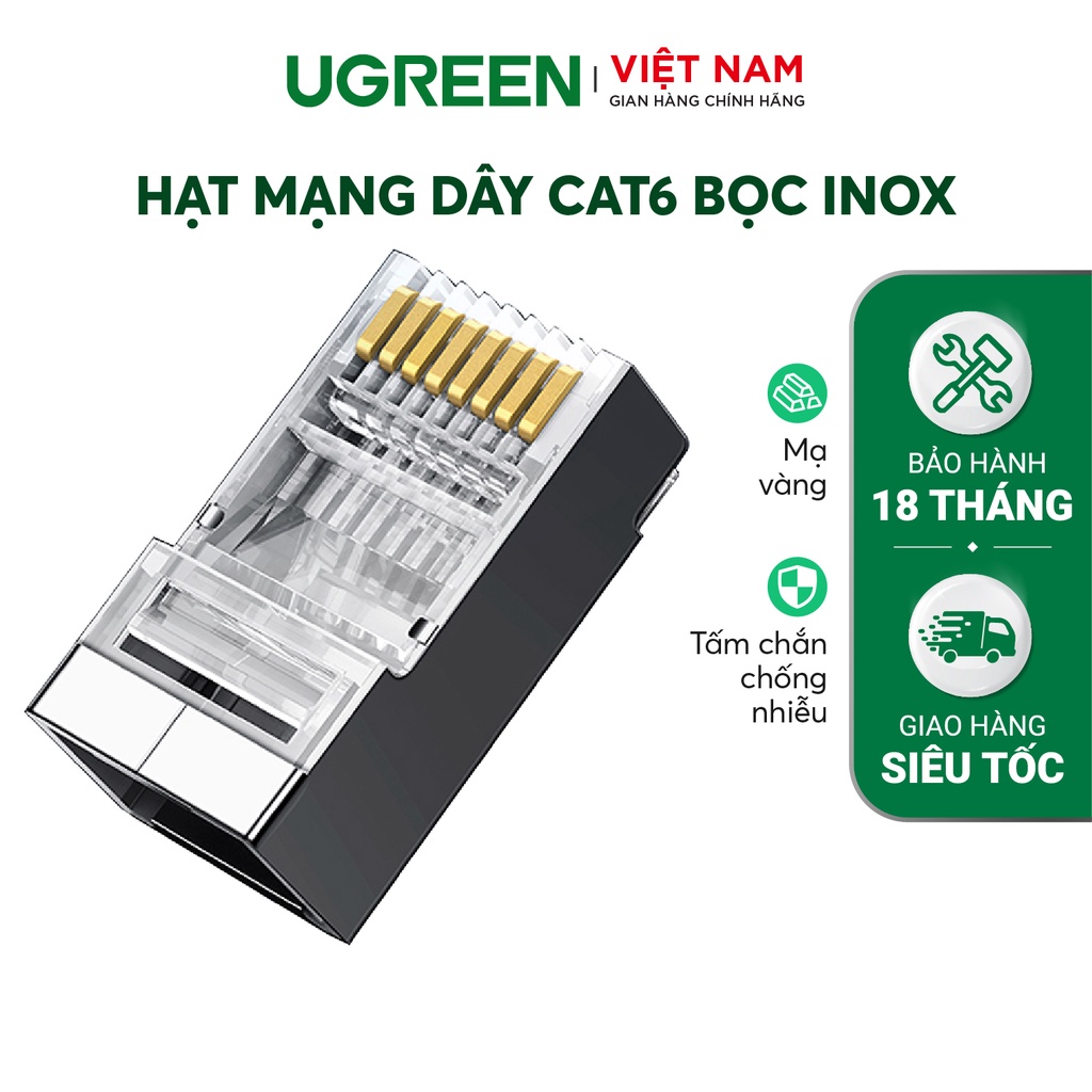 Đầu bấm mạng RJ45 UGREEN NW111 cho dây CAT6, bọc inox chống nhiễu - Hàng phân phối chính hãng - Bảo hành 18 tháng