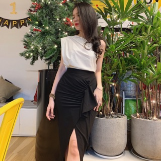 Set áo lệch vai chân váy bèo nhún